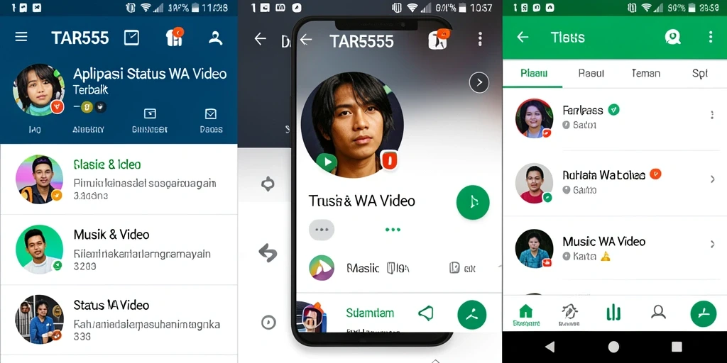 Antarmuka aplikasi TAR555 dengan pilihan video Status WA yang beragam.