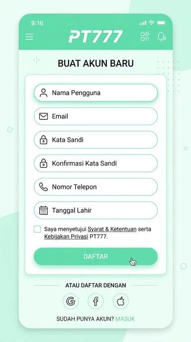 Tampilan halaman daftar pt777
