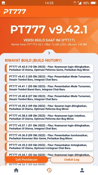 Tampilan riwayat versi pt777